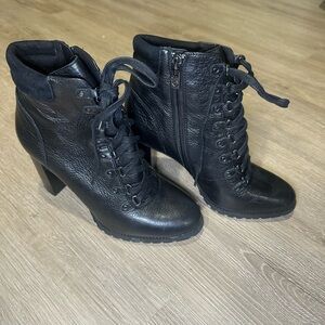 Antonio Melani Black Leather Lace Up Boots Side Zip Block Heel Size 7.5